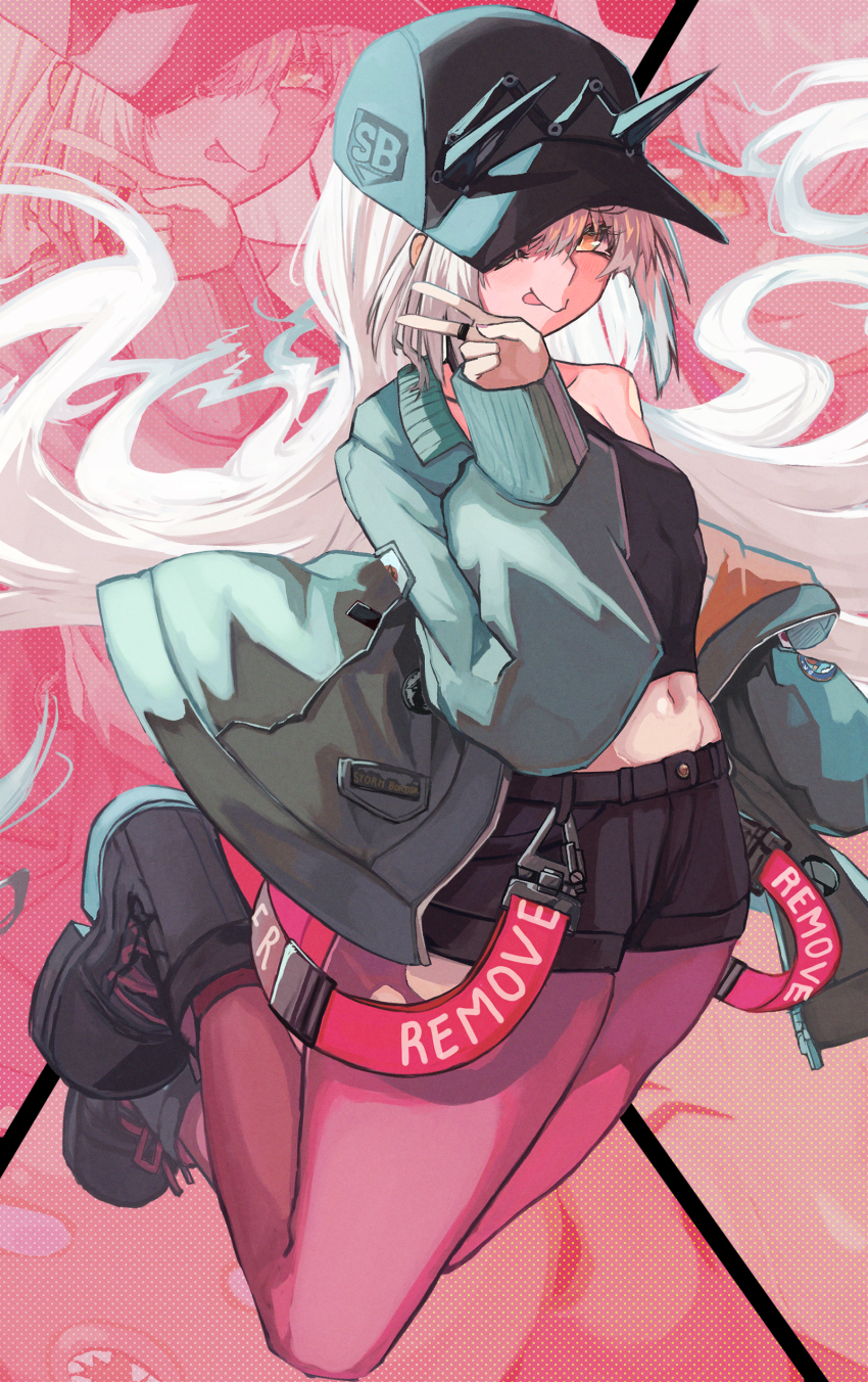 1girl absurdres bare_shoulders baseball_cap black_boots black_hat black_shirt black_shorts blush boots breasts commentary_request fate/grand_order fate_(series) forked_eyebrows green_jacket hat highres jacket long_hair long_sleeves looking_at_viewer melusine_(fate) melusine_(over_the_same_sky)_(fate) midriff navel off_shoulder one_eye_closed pantyhose pink_pantyhose roy_(roy_pomu) shirt shorts sidelocks sleeveless sleeveless_shirt small_breasts smile solo thighs tongue tongue_out white_hair yellow_eyes