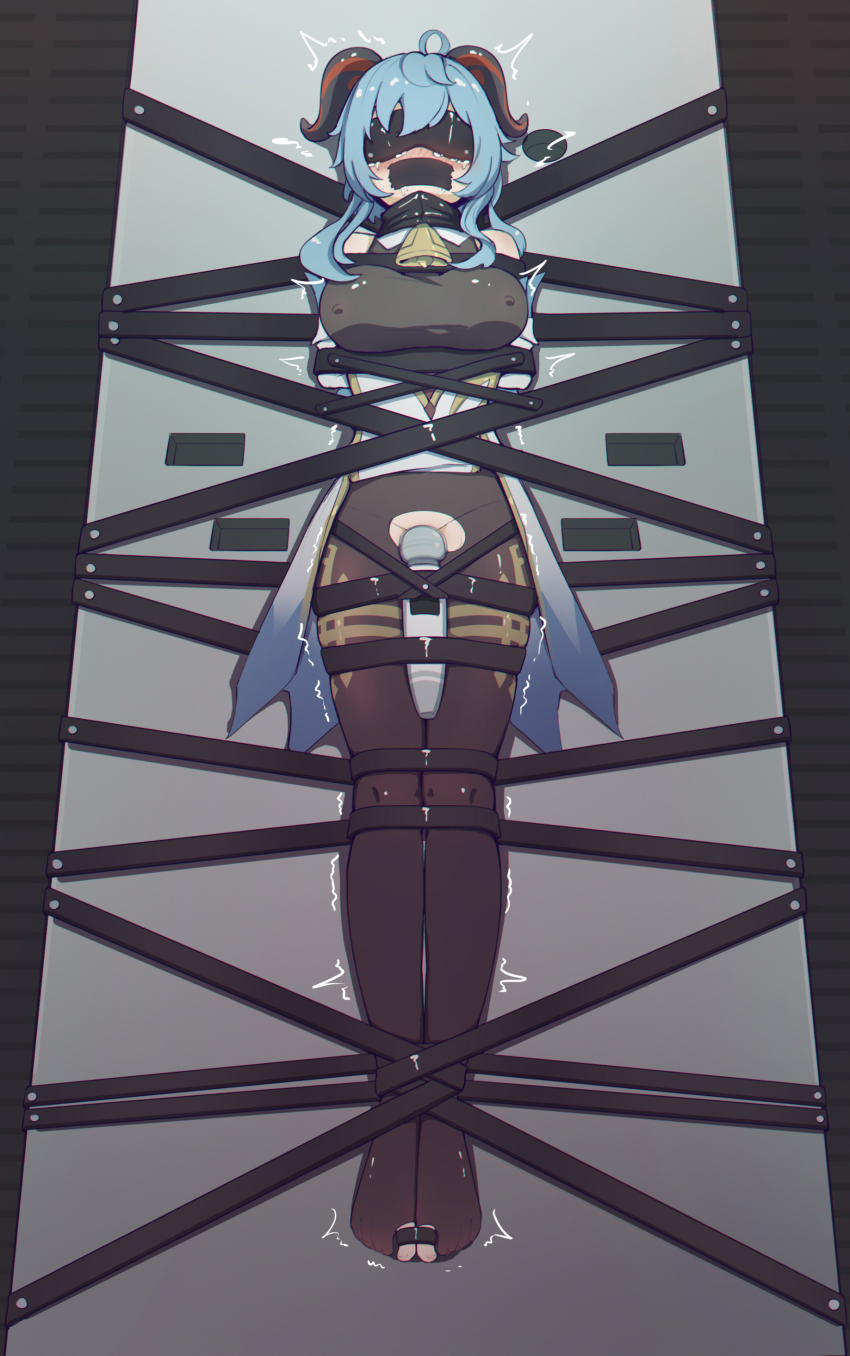 1girl bdsm bell blindfold blue_hair bondage bound bound_toes breasts covered_erect_nipples crying drooling duct_tape female_focus full_body gag gagged ganyu_(genshin_impact) genshin_impact hitachi_magic_wand horns improvised_gag large_breasts restrained sex_toy solo stationary_restraints twintails vibrator xiao_chai_hu