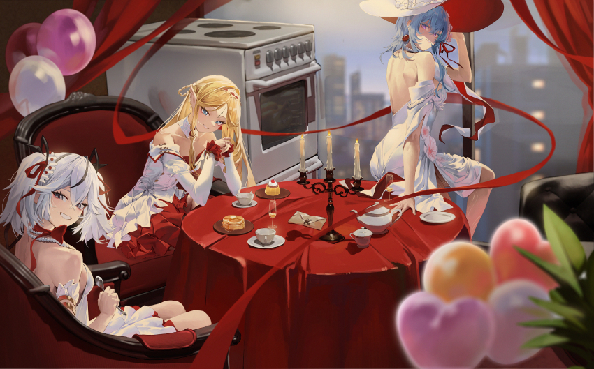 3girls absurdres back backless_dress backless_outfit balloon bare_shoulders blonde_hair blue_eyes blue_hair breasts camellya_(wuthering_waves) candlestand cartethyia_(wuthering_waves) commentary_request cup dress drinking_glass envelope food grin hair_between_eyes hat highres kfc looking_at_viewer medium_breasts momo_(2240807) multiple_girls official_alternate_costume on_table oven pancake pancake_stack pudding purple_eyes shorekeeper_(wuthering_waves) short_hair short_twintails sitting smile table tacet_mark_(wuthering_waves) twintails white_dress white_hair white_hat wuthering_waves