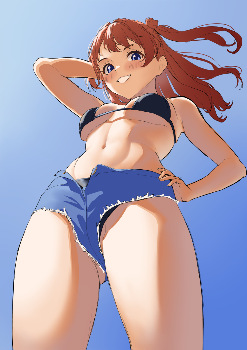 1girl absurdres bikini black_bikini blue_background blue_eyes blue_shorts blue_sky blush breasts brown_hair commentary_request cropped_legs denim denim_shorts from_below gakuen_idolmaster hanami_saki hand_in_own_hair hand_on_own_hip highres idolmaster long_hair looking_at_viewer medium_breasts navel parted_lips shinonome_shake shorts simple_background sky smile solo standing swimsuit unfinished