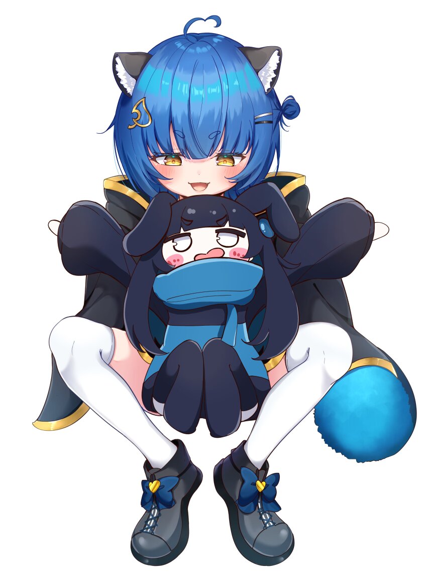2girls absurdres ahoge animal_ears arms_up black_cloak black_shoes blue_bow blue_hair blue_scarf blush blush_stickers border bow chromashift cloak colored_skin commentary commission eyelashes fandit_(poko_rakun) footwear_bow hair_bun hair_ornament hairclip heart heart_ahoge highres hood hood_down hooded_cloak leaf_hair_ornament long_sleeves multiple_girls okome_0628 open_mouth outstretched_arms personification poko_rakun poko_rakun_(1st_costume) raccoon_ears raccoon_girl raccoon_tail scarf second-party_source shoes short_hair simple_background single_side_bun sitting smile spread_arms tail thighhighs virtual_youtuber white_background white_skin white_thighhighs yellow_eyes
