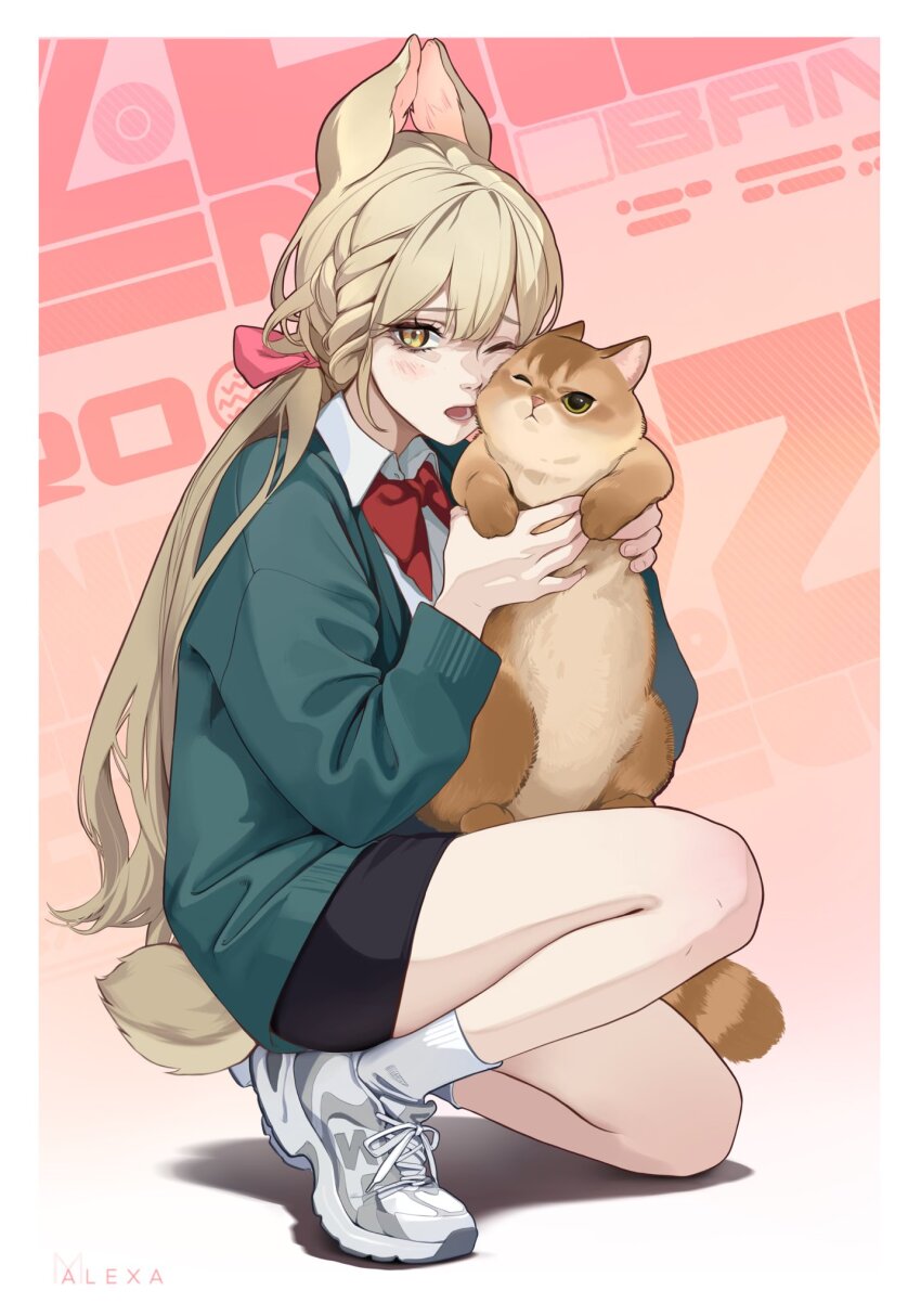 1girl alice_thymefield alternate_costume animal animal_ears artist_name blonde_hair bow bowtie braid cat collared_shirt commentary copyright_name green_sweater hair_bow highres holding holding_animal holding_cat long_hair long_sleeves looking_at_viewer m_alexa one_eye_closed open_mouth pink_bow rabbit_ears rabbit_girl rabbit_tail red_bow red_bowtie shirt shoes socks solo sweater tail white_shirt white_shoes white_socks yellow_eyes zenless_zone_zero