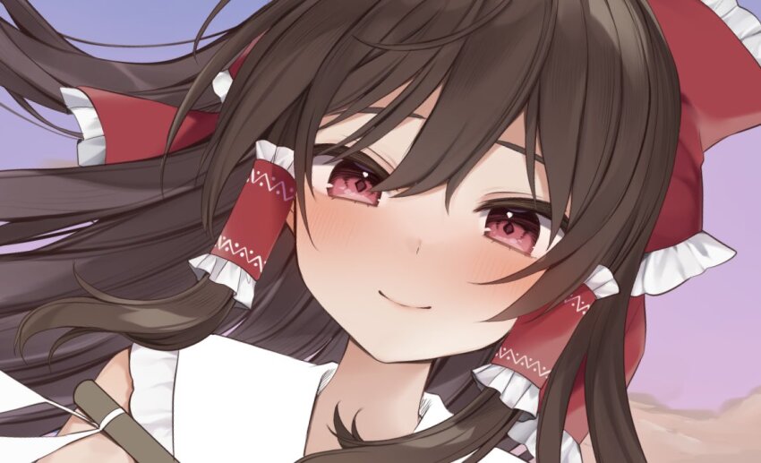 1girl blush bow brown_hair closed_mouth frilled_bow frilled_hair_tubes frills gohei hair_bow hair_tubes hakurei_reimu karasusou_nano long_hair looking_at_viewer red_bow red_eyes smile solo touhou