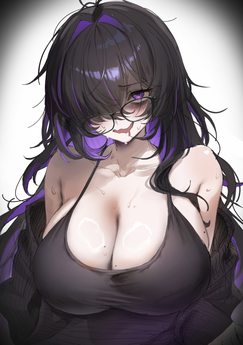 1girl absurdres bags_under_eyes bare_shoulders black-framed_eyewear black_cardigan black_dress black_hair blush breasts cardigan cardigan_partially_removed cleavage collarbone colored_inner_hair commentary_request dress drooling glasses goddess_of_victory:_nikke hair_over_one_eye highres huge_breasts label_(nikke) large_breasts long_hair looking_at_viewer mole mole_on_breast mouth_drool multicolored_hair open_mouth purple_eyes purple_hair purple_streaks smile solo sweat two-tone_hair very_long_hair yufou
