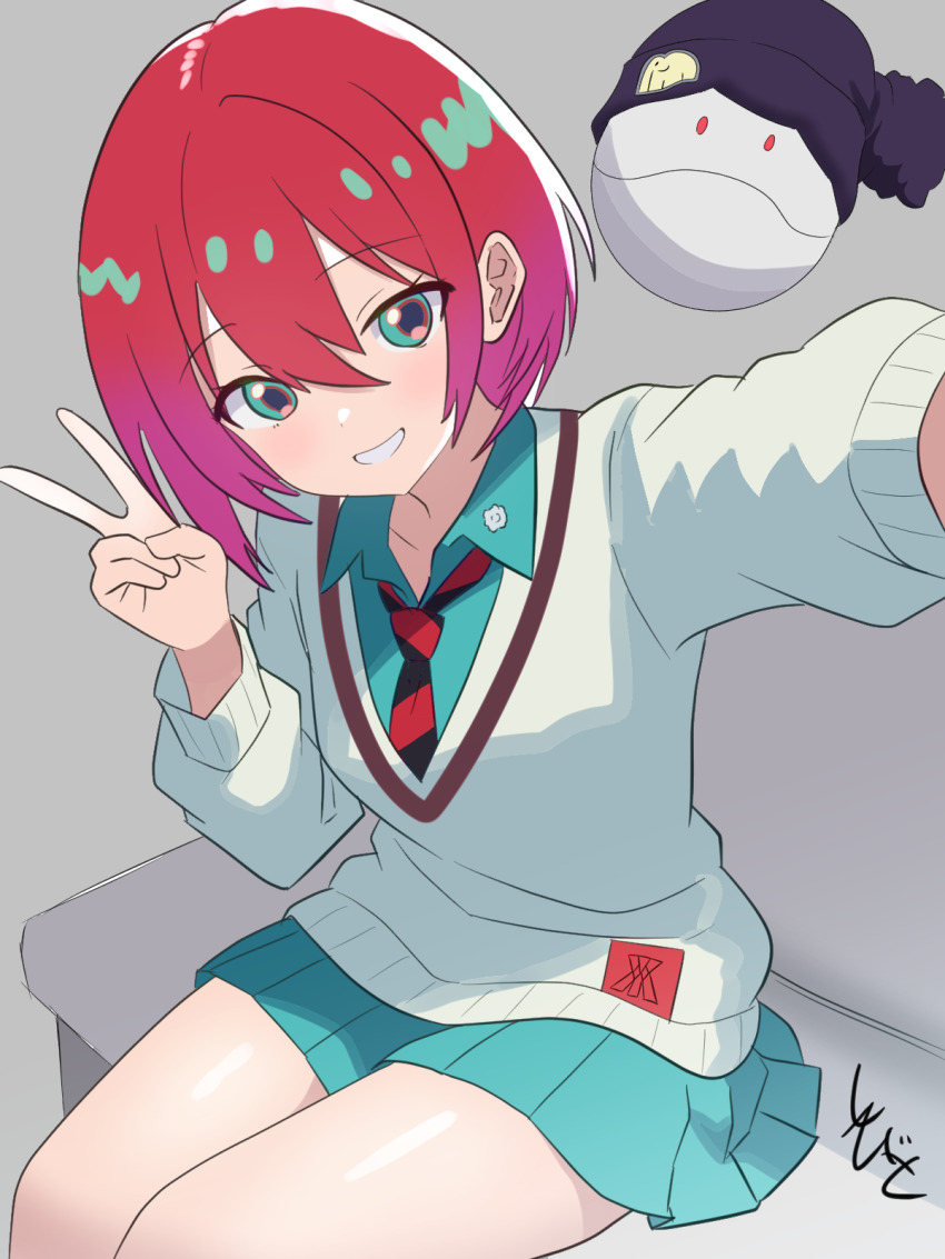 1girl amate_yuzuriha aqua_eyes dress gundam gundam_gquuuuuux hair_between_eyes haro highres necktie pleated_dress red_hair school_uniform shibito_(shibito0000) short_hair sitting solo sweater v