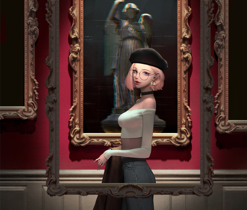 1girl absurdres bare_shoulders beret black-framed_eyewear black_bra black_choker black_hat blue_pants bra breasts brown_eyes brown_jacket choker commentary cowboy_shot cropped_shirt denim drawing_(object) earrings english_commentary eyeshadow fingernails from_side glasses gold_earrings hat highres indoors jacket jewelry lips lipstick long_fingernails long_sleeves looking_at_viewer makeup medium_breasts midriff off-shoulder_shirt off_shoulder original own_hands_together pants picture_frame piercing pink_eyeshadow pink_hair red_lips round_eyewear see-through_clothes see-through_shirt shirt short_hair sleeves_past_wrists smile solo statue strapless strapless_bra underwear unworn_jacket white_shirt wonbin_lee