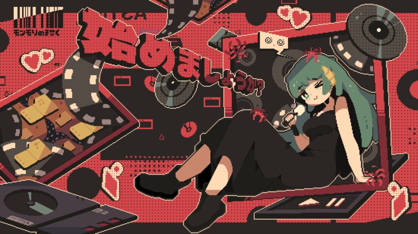 >_o 1girl :d another_pixel_artist aqua_eyes aqua_hair arm_support barcode black_dress bright_pupils commentary dress english_commentary heart highres long_hair looking_at_viewer microphone one_eye_closed open_mouth original outline pause_button phonograph pixel_art play_button red_background sitting smile solo spoken_expression turntable vinyl_record white_outline white_pupils