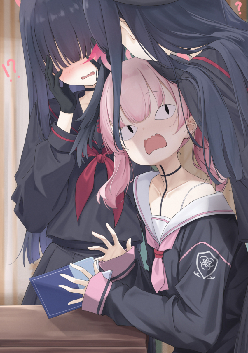 !? <|>_<|> 3girls black_gloves black_hair black_hat black_sailor_collar black_shirt black_skirt blue_archive blush book commentary gloves haamon_(harmon) hair_over_eyes hands_on_own_face hat highres holding holding_book justice_task_force_member_(blue_archive) koharu_(blue_archive) long_hair multiple_girls neckerchief no_eyes open_mouth pink_hair pink_neckerchief red_neckerchief sailor_collar shirt sidelocks single_bare_shoulder skirt twintails white_sailor_collar