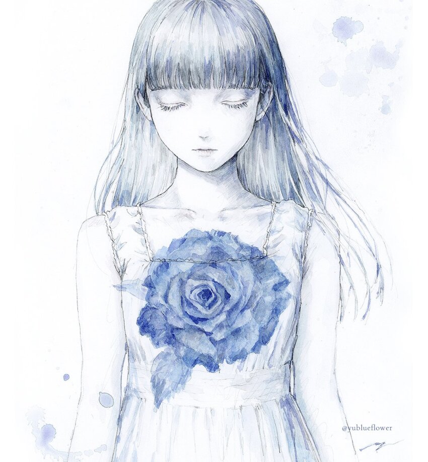 1girl blue_flower blue_hair blunt_bangs closed_eyes commentary_request dress expressionless facing_viewer flat_chest flower long_hair original painting_(medium) ringo_komachi solo traditional_media upper_body watercolor_(medium) white_dress