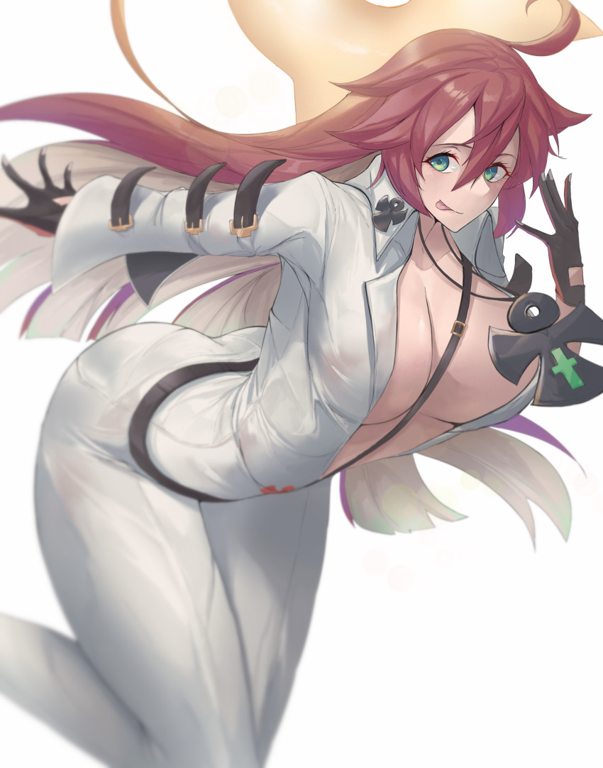 1girl absurdres ankh_necklace ankh_print ass bell-bottoms belt black_gloves bodysuit breasts broken_halo calmgreentori cleavage collarbone commentary_request front_slit gloves green_eyes guilty_gear guilty_gear_strive hair_between_eyes halo highres jack-o'_valentine large_breasts long_hair pants red_hair smile solo spiked_halo studded_belt too_many too_many_belts very_long_hair white_bodysuit