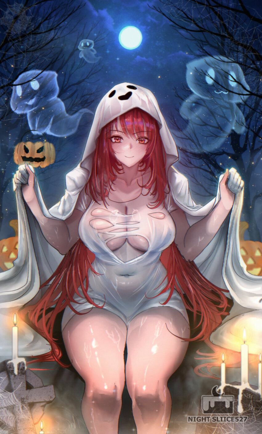 1girl artist_name bare_tree blush breasts cleavage closed_mouth commentary covered_navel english_commentary full_moon ghost ghost_costume goddess_of_victory:_nikke halloween halloween_costume highres large_breasts long_hair looking_at_viewer moon night nightsliice257 rapi_(nikke) rapi_(red_hood)_(nikke) red_hair signature silk smile spider_web star_(sky) thick_thighs thighs tree