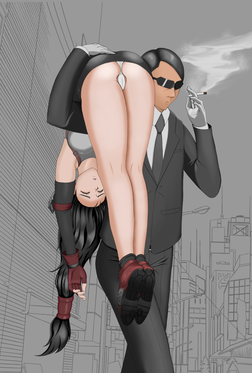 1boy 1girl bare_legs cameltoe carrying carrying_over_shoulder carrying_person cigarette closed_eyes defeat final_fantasy final_fantasy_vii formal_clothes katakatugi legs panties square_enix suit sunglasses tifa_lockhart unconscious underwear upskirt white_panties