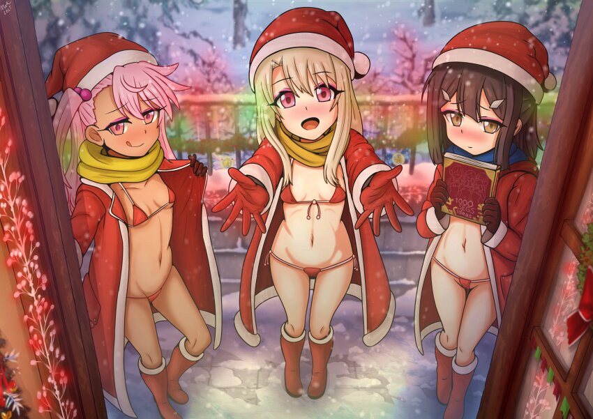 3girls bikini black_hair blonde_hair book breasts brown_eyes chloe_von_einzbern christmas christmas_ornaments dark-skinned_female dark_skin doorway fate/grand_order fate/kaleid_liner_prisma_illya fate_(series) gloves hair_ornament hairclip hat holding holding_book illyasviel_von_einzbern kaschmatz long_hair looking_at_viewer micro_bikini miyu_edelfelt multiple_girls open_mouth pale_skin pink_eyes pink_hair santa_costume santa_hat scarf small_breasts snow swimsuit tagme tongue tongue_out