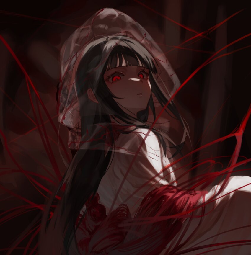 1girl black_hair blunt_bangs commentary_request dhlrhkrwnals e.g.o_(project_moon) eyelashes great_trichiliocosm_(e.g.o) highres japanese_clothes kimono limbus_company long_hair looking_at_viewer project_moon red_eyes ryoshu_(project_moon) shiromuku solo string uchikake wataboushi