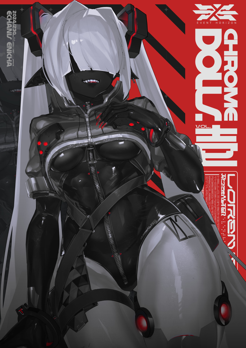 1girl absurdres artist_name black_leotard black_skin breasts colored_skin comiket_105 commentary_request cropped_jacket dated echanis_enicha grey_jacket hair_over_eyes headgear highres jacket leotard long_hair original pointy_ears pouch red_nails skin_tight solo teeth white_hair zipper