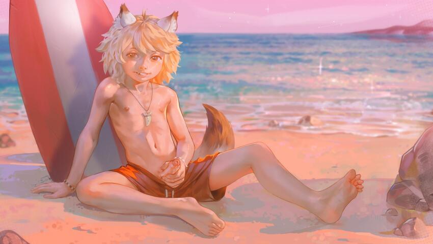 1boy animal_ears beach blonde_hair delirium_(artist) erection foreskin fox_boy fox_ears fox_tail highres jewelry looking_at_viewer male_focus male_masturbation male_swimwear masturbation necklace ocean original outdoors parted_lips penis phimosis red_male_swimwear short_hair shota sitting smile solo surfboard tail tooth_necklace
