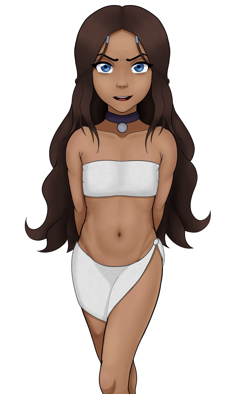 1girl arms_behind_back avatar:_the_last_airbender avatar_legends blue_eyes breasts brown_hair dark-skinned_female dark_skin female_focus humantanchan katara loli long_hair looking_at_viewer navel open_mouth simple_background small_breasts solo standing stomach strapless tube_top white_background