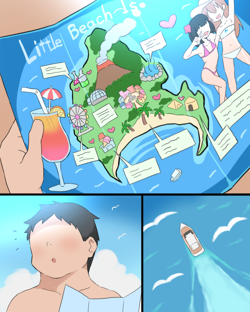 1boy 2girls bikini bird blue_sky boat bubukka cloud commentary day faceless faceless_male highres holding holding_map map multiple_girls original outdoors pink_bikini sky summer swimsuit watercraft white_bikini