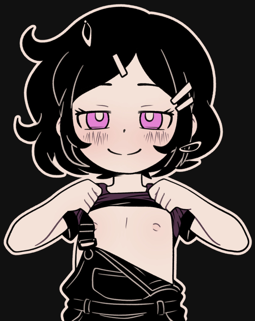 1girl ashley_graves black_background black_hair blush casytay closed_mouth clothes_lift female_focus flashing flat_chest hair_ornament hairclip highres loli messy_hair nipples outline overalls overalls_aside partially_undressed pink_eyes shirt_lift simple_background smile solo the_coffin_of_andy_and_leyley white_outline