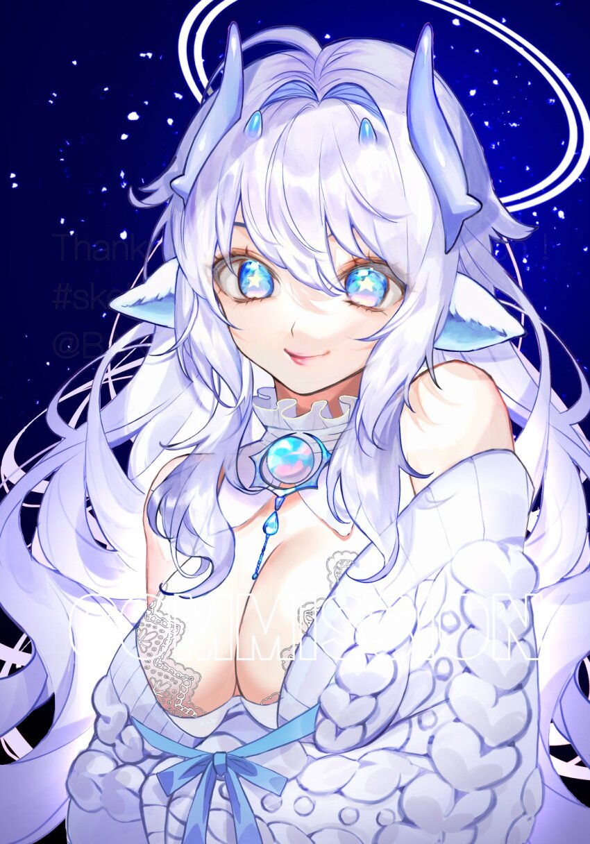 1girl animal_ears banbanjiiiiiii bare_shoulders blue_eyes breasts cleavage commentary_request commission halo highres horns jewelry large_breasts long_hair off_shoulder original skeb_commission solo star-shaped_pupils star_(symbol) sweater symbol-shaped_pupils upper_body white_hair white_sweater