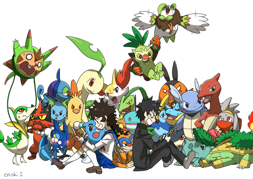 1boy 1girl :d animal_ear_fluff bad_id bad_pixiv_id bayleef bird braixen brionne charmeleon closed_eyes combusken commentary_request creature croconaw dartrix dewott drizzile facing_viewer fangs fire flame-tipped_tail flying frogadier gen_1_pokemon gen_2_pokemon gen_3_pokemon gen_4_pokemon gen_5_pokemon gen_6_pokemon gen_7_pokemon gen_8_pokemon gotcha! gotcha!_boy_(pokemon) gotcha!_girl_(pokemon) grin grotle grovyle handheld_game_console happy highres holding holding_handheld_game_console horns ivysaur looking_at_viewer marshtomp miniskirt monferno nintendo open_mouth pants pignite playing_games pokemon pokemon_(creature) prinplup quilava quilladin raboot servine sharp_teeth shoes signature simple_background single_horn sitting skirt smile tail teeth thwackey torracat wartortle white_background yukari_(yukari21653710)