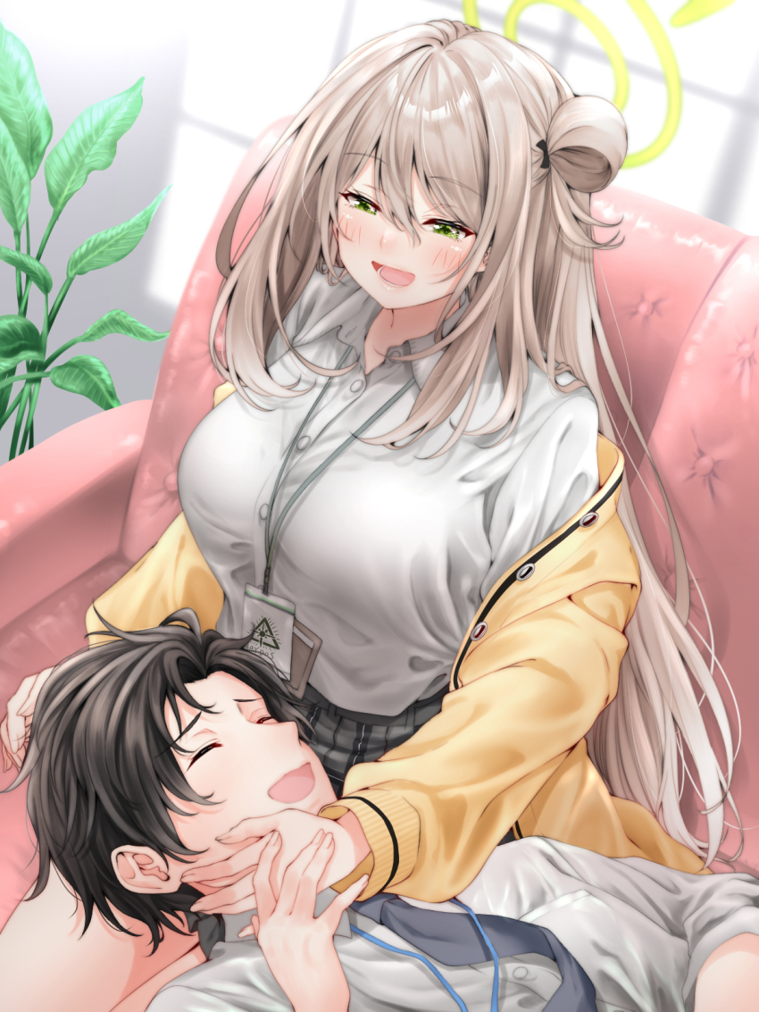 1boy 1girl black_hair blonde_hair blue_archive breasts cardigan closed_eyes collared_shirt couch green_eyes green_halo hair_bun halo highres lanyard lap_pillow large_breasts light_blush long_hair long_sleeves lying_on_lap nonomi_(blue_archive) on_couch plaid_clothes plaid_skirt red_hayao sensei_(blue_archive) shirt single_side_bun skirt white_shirt yellow_cardigan