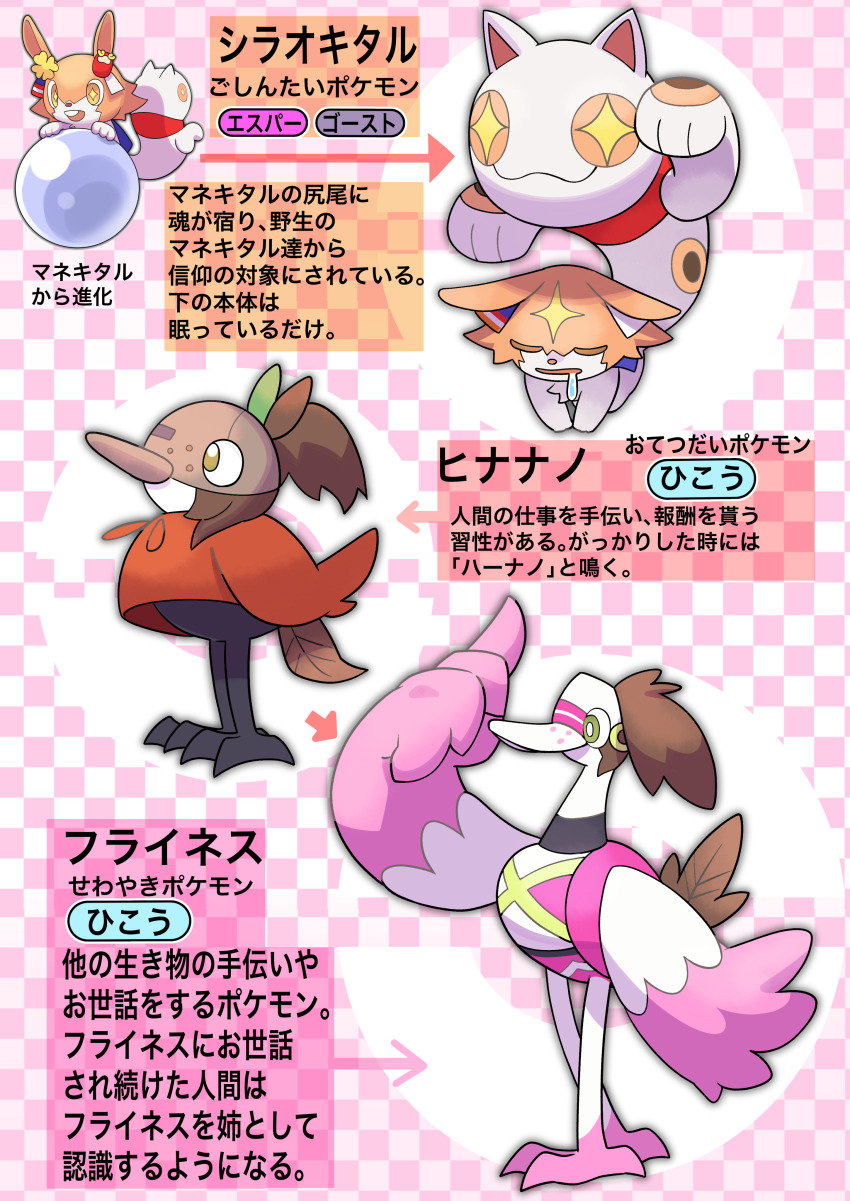 +_+ 4others :> absurdres checkered_background evolutionary_line fakemon green_eyes highres ines_fujin_(umamusume) katwo matikanefukukitaru_(umamusume) multiple_others nintendo no_humans official_style parody pokemon pokemon_(creature) style_parody umamusume