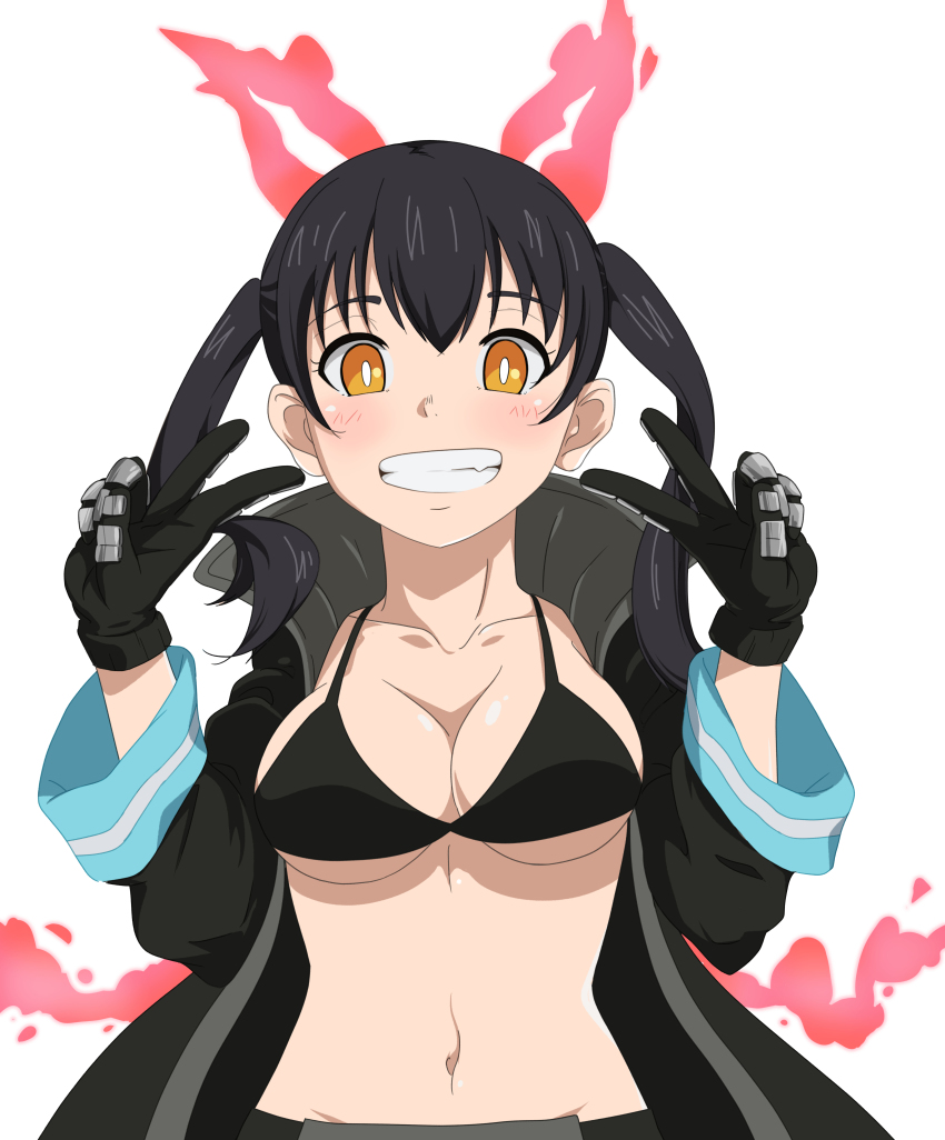 1girl absurdres animal_ears armpits black_bra black_gloves black_hair black_panties bra breasts cat_ears cat_tail cleavage clenched_hands clenched_teeth coat collarbone collared_coat en&#039;en_no_shouboutai eyelashes facing_viewer female_focus fire firefighter gloves hands_up happy highres large_breasts legs light_blush long_sleeves looking_at_viewer midriff navel neck open_clothes open_coat oversized_clothes panties print_coat pyrokinesis rinine shiny_skin sidelocks simple_background slit_pupils smile standing tail tamaki_kotatsu teeth thighs twintails underboob underwear upper_body v white_background wide_sleeves yellow_eyes