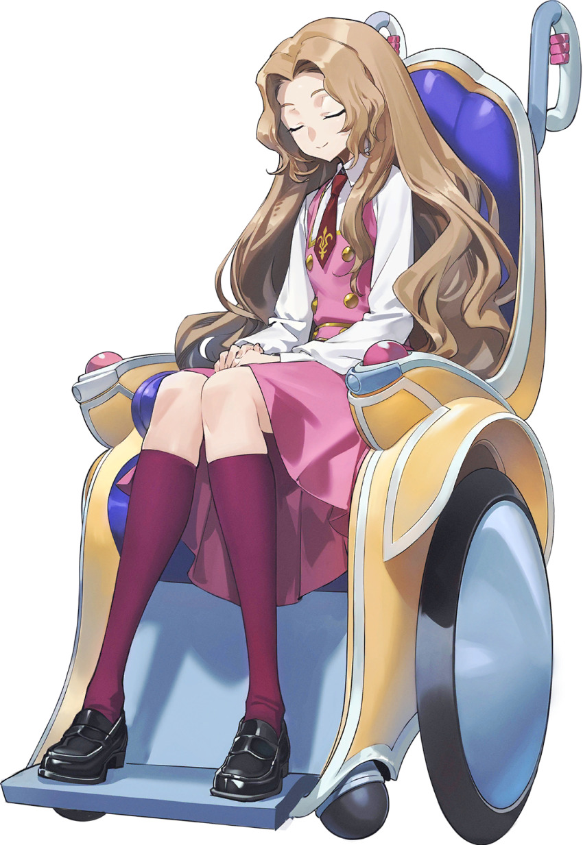 1girl ashford_academy_school_uniform brown_hair brown_socks closed_eyes code_geass code_geass:_genesic_re;code dress highres kneehighs long_hair long_sleeves necktie nunnally_vi_britannia official_art pink_dress red_necktie school_uniform simple_background socks solo transparent_background wavy_hair wheelchair white_background white_dress