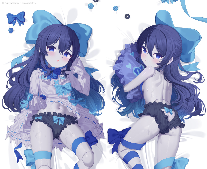 1girl artist_request ass black_bow_panties black_hair black_panties blue_eyes blue_panty_bow blue_ribbon bow bow_panties breasts butt_crack cameltoe clothes_lift dakimakura_(medium) doll_joints dress dress_lift frilled_panties frills gluteal_fold hair_bow highres hugging_object joints leg_ribbon lifting_own_clothes little_witch_nobeta loli long_hair looking_at_viewer looking_back lying multiple_views navel official_art on_back on_stomach open_mouth pale_skin panties pillow pillow_hug ribbon sleeves_past_wrists small_breasts smile stomach tania_(little_witch_nobeta) thigh_ribbon thighs topless_female underwear white_dress