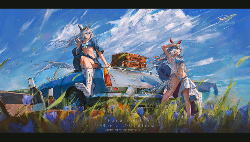 2girls absurdres ahoge aircraft airplane animal_ears bikini blue_bikini blue_eyes blue_skirt breasts cloud cloudy_sky commentary_request crop_top drawer_bushi_huajia ear_ornament ferrari_250_gt_california_spyder from_below grey_hair hair_ribbon headgear highres holding holding_surfboard horizon horse_ears horse_girl horse_tail large_breasts long_hair looking_to_the_side medium_breasts multiple_girls navel ocean oguri_cap_(umamusume) open_mouth picnic_basket pleated_skirt ribbon see-through_clothes shore sitting skirt sky smile socks standing suitcase surfboard swimsuit tail tamamo_cross_(umamusume) umamusume underboob vehicle_focus white_hair white_socks wide_sleeves