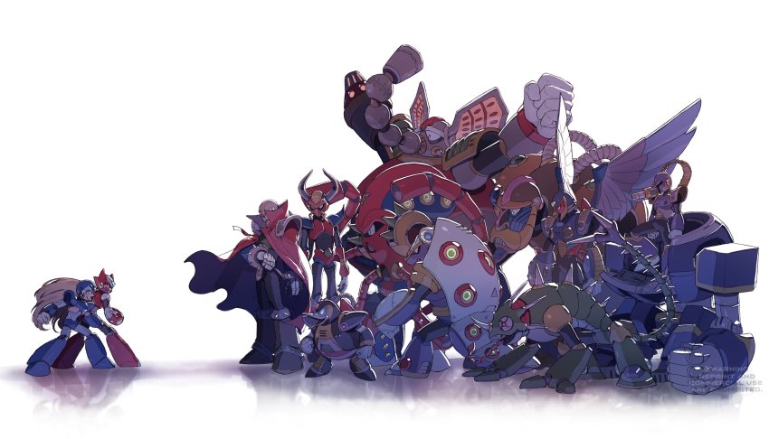 absurdres android animal_ears armor armored_armadillo_(mega_man) artificial_eye bald big_nose blonde_hair blue_armor blue_eyes boomer_kuwanger_(mega_man) cape chill_penguin_(mega_man) fake_animal_ears fang flame_mammoth_(mega_man) gem helmet highres horns launch_octopus_(mega_man) mechanical_arms mechanical_ears mechanical_eye mechanical_hands mechanical_horns mechanical_legs mechabare mechanical_tail mechanical_wings mega_man_maverick_hunter_x mega_man_(series) mega_man_x1 mega_man_x_(series) bad_tag purple_armor red_armor red_cape red_eyes ride_armor robot shoulder_armor shoulder_spikes sigma_(mega_man) simple_background size_difference spark_mandrill_(mega_man) spikes sting_chameleon_(mega_man) storm_eagle_(mega_man) tail tanaka_(is2_p) vile_(mega_man) white_background wings x_(mega_man) zero_(mega_man)