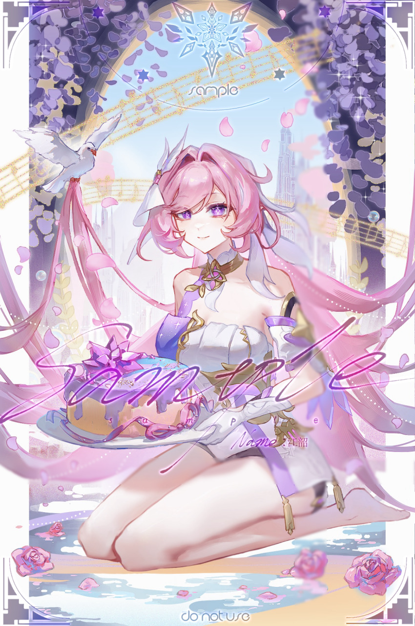 1girl bare_shoulders barefoot bird blue_sky breasts cake cleavage corset diamond-shaped_pupils diamond_(shape) dove elysia_(herrscher_of_human:_ego)_(honkai_impact) elysia_(honkai_impact) falling_petals feet food gloves hair_intakes hair_ornament highres holding holding_cake holding_food honkai_(series) honkai_impact_3rd long_hair looking_at_viewer multicolored_hair petals pink_hair pink_petals purple_eyes sample_watermark seawave02974 seiza sitting sky smile solo symbol-shaped_pupils triquetra two-tone_hair very_long_hair watermark white_corset white_gloves white_hair