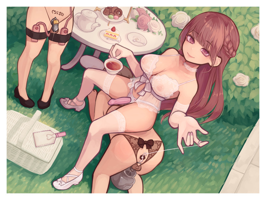 1girl 2boys absurdres all_fours aneros anus_cutout babydoll black_bow black_panties black_shoes border bow bow_panties braid breasts brown_hair bush cake cake_slice chastity_cage chastity_cage_emission choker cleavage closed_mouth commentary_request covered_erect_nipples covered_testicles cum cum_in_container cup dildo dutch_angle elbow_gloves femdom floating_hair flower food footwear_bow fork frilled_choker frills from_above gloves hand_up hetero high_heels highres holding holding_cup human_chair human_furniture kikiu_bd lace lace-trimmed_gloves lace-trimmed_thighhighs lace_babydoll lace_panties lace_trim large_breasts long_hair looking_at_viewer multiple_boys nipples nude on_grass original outdoors paddle padlocked_chastity_cage panties pastry picnic_basket pink_flower pink_rose plate precum prostate_massager prostate_milking pubic_tattoo pumps red_eyes remote_control_vibrator rose see-through_babydoll see-through_clothes sex_toy shoes sidelocks sitting sitting_on_person smile standing strap-on strappy_heels strawberry_shortcake string string_pull swept_bangs table tattoo tea teacup teapot thigh_strap thighhighs tube_chastity_cage underwear vase vibrator vibrator_cord vibrator_in_thigh_strap waist_bow white_babydoll white_border white_bow white_choker white_flower white_rose white_shoes white_thighhighs