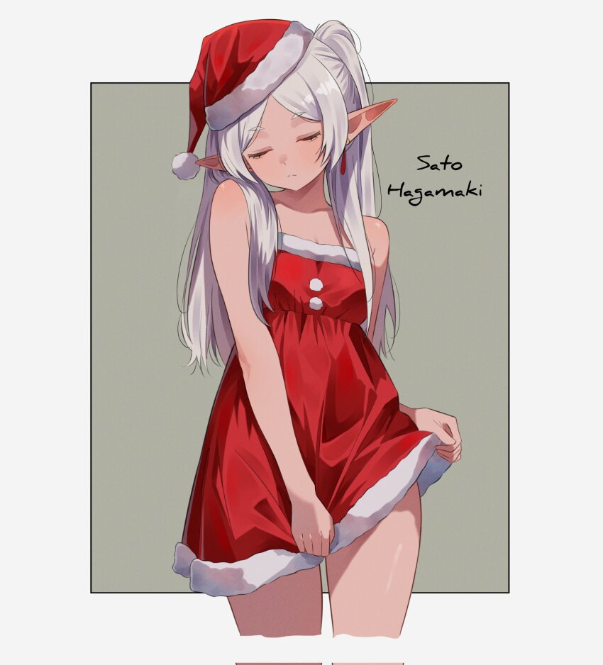 1girl alternate_costume artist_name bare_shoulders breasts closed_eyes closed_mouth commentary corrupted_twitter_file dress earrings english_commentary facing_viewer frieren hat highres jewelry long_hair pointy_ears red_dress red_hat santa_costume santa_dress santa_hat sato_hagamaki small_breasts solo sousou_no_frieren strapless strapless_dress twintails