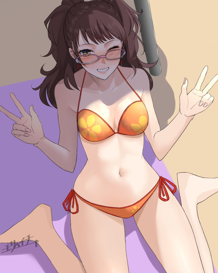 1girl bikini breasts brown_eyes brown_hair commentary_request double_bun double_v eyewear_on_head floral_print grin hair_bun highres kujikawa_rise long_hair medium_breasts mori_heichi one_eye_closed orange_bikini persona persona_4 persona_4_the_golden shade side-tie_bikini_bottom signature sitting smile solo sunglasses swimsuit two_side_up v wariza