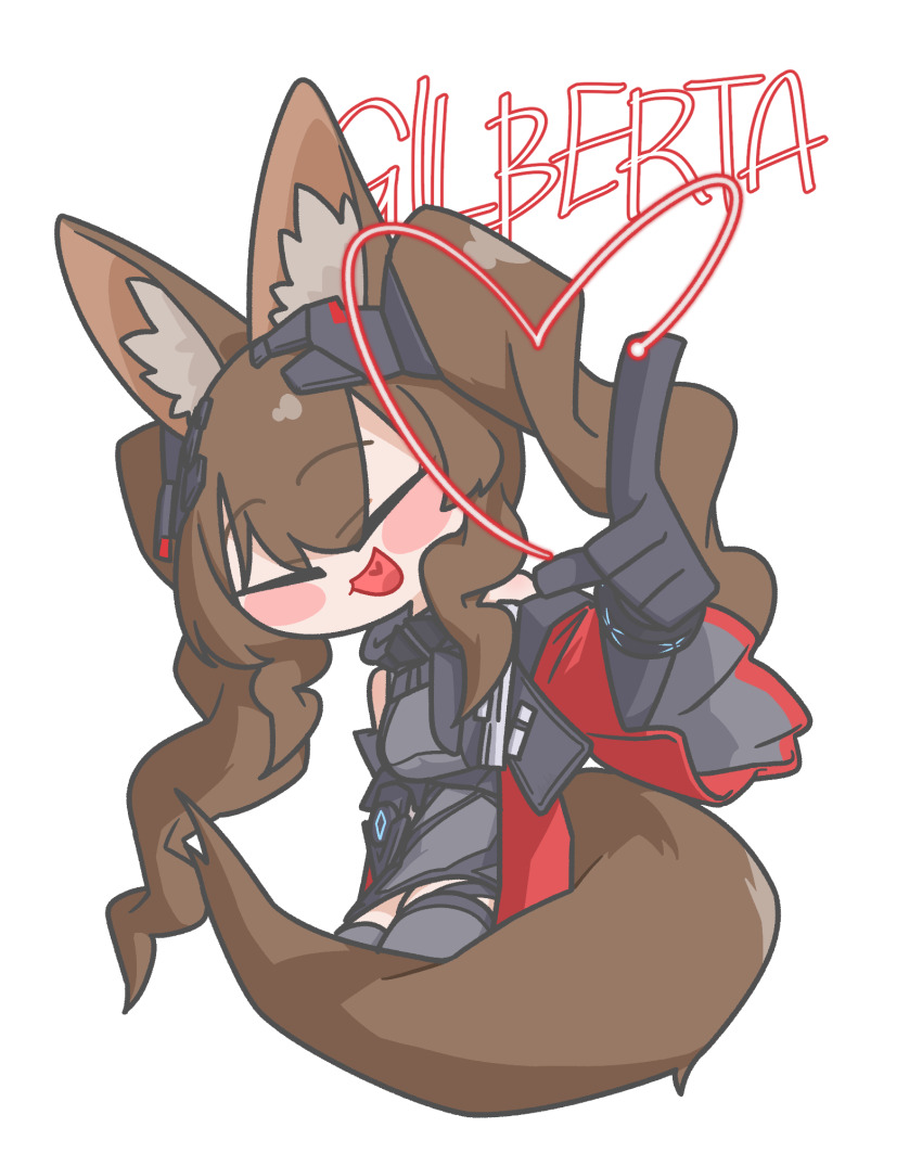 1girl angelina_(arknights) animal_ear_fluff animal_ears arknights arknights:_endfield azka_sage bare_shoulders black_gloves blush_stickers breasts brown_hair character_name closed_eyes coat commentary cropped_legs dress english_commentary facing_viewer fox_ears fox_girl gilberta_(arknights) gloves grey_dress grey_thighhighs hair_between_eyes high_collar highres infection_monitor_(arknights) long_hair open_mouth red_coat smile solo thighhighs transparent_background twintails