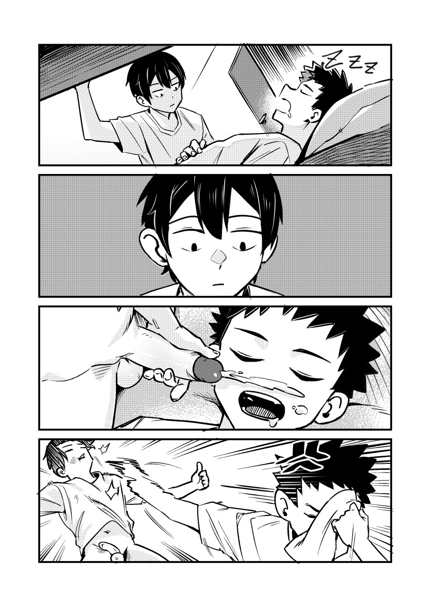 2boys absurdres accter closed_mouth comic cum cum_on_body ejaculation facial hair_between_eyes highres hitting lying male_focus monochrome multiple_boys naoya_hitting_choso_without_looking_(meme) on_back open_mouth original parody penis shirt short_hair shota sleeping teeth testicles yaoi