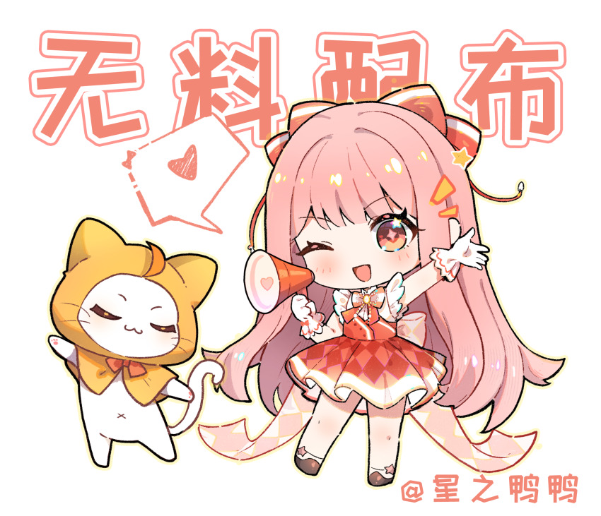 +_+ 1girl ahoge animal argyle_bow argyle_clothes argyle_skirt artist_name back_bow bare_legs bare_shoulders beads blunt_bangs bow bowtie brooch brown_eyes brown_shoes cat cherilynorz chibi chinese_commentary chinese_text cloak closed_mouth clothed_animal commentary_request dress_shirt ear_covers eyelashes floral_memory_(infinity_nikki) frilled_gloves frilled_shirt frills gloves hair_bow happy heart high-waist_skirt highres holding holding_megaphone hood hood_up hooded_cloak infinity_nikki jewelry kfc light_blush long_hair looking_at_viewer megaphone miniskirt momo_(nikki) navel nikki_(nikki) nikki_(series) official_alternate_color one_eye_closed open_mouth orange_bow orange_bowtie outline outstretched_arm pink_bow pink_hair pleated_skirt red_bow red_bowtie red_skirt shirt shoes simple_background single_stripe skirt sleeveless sleeveless_shirt smile socks sparkling_eyes speech_bubble spoken_heart standing star_(symbol) star_in_eye straight_hair striped_bow striped_bowtie striped_clothes symbol_in_eye tareme traditional_bowtie translation_request variant_set very_long_hair whiskers white_background white_cat white_gloves white_shirt white_socks yellow_cloak yellow_outline