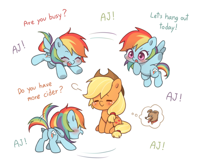 =_= ^_^ animal animal_focus applejack blonde_hair blush brown_hat chibi chibi_only closed_eyes commentary cowboy_hat cutie_mark dcon_34 dog english_text excited flying freckles hat long_hair low-tied_long_hair multicolored_hair multiple_views my_little_pony my_little_pony:_friendship_is_magic no_humans open_mouth pegasus pink_eyes pony_(animal) rainbow_dash rainbow_hair simple_background sitting speech_bubble tail tail_wagging thought_bubble white_background wings winona_(my_little_pony)