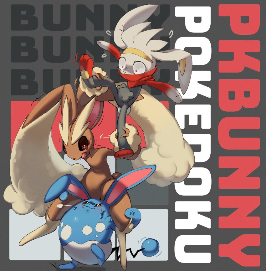 1girl 2others absurdres animal_ears animal_nose azumarill black_sclera blue_fur brown_fur colored_sclera full_body furry furry_female gen_2_pokemon gen_4_pokemon gen_8_pokemon grey_background highres holding hood hoodie looking_at_another lopunny multiple_others nintendo open_mouth pkbunny pokemon pokemon_(creature) rabbit_ears rabbit_girl rabbit_tail raboot red_eyes red_hoodie simple_background standing tail two-tone_fur white_fur wide-eyed yellow_fur