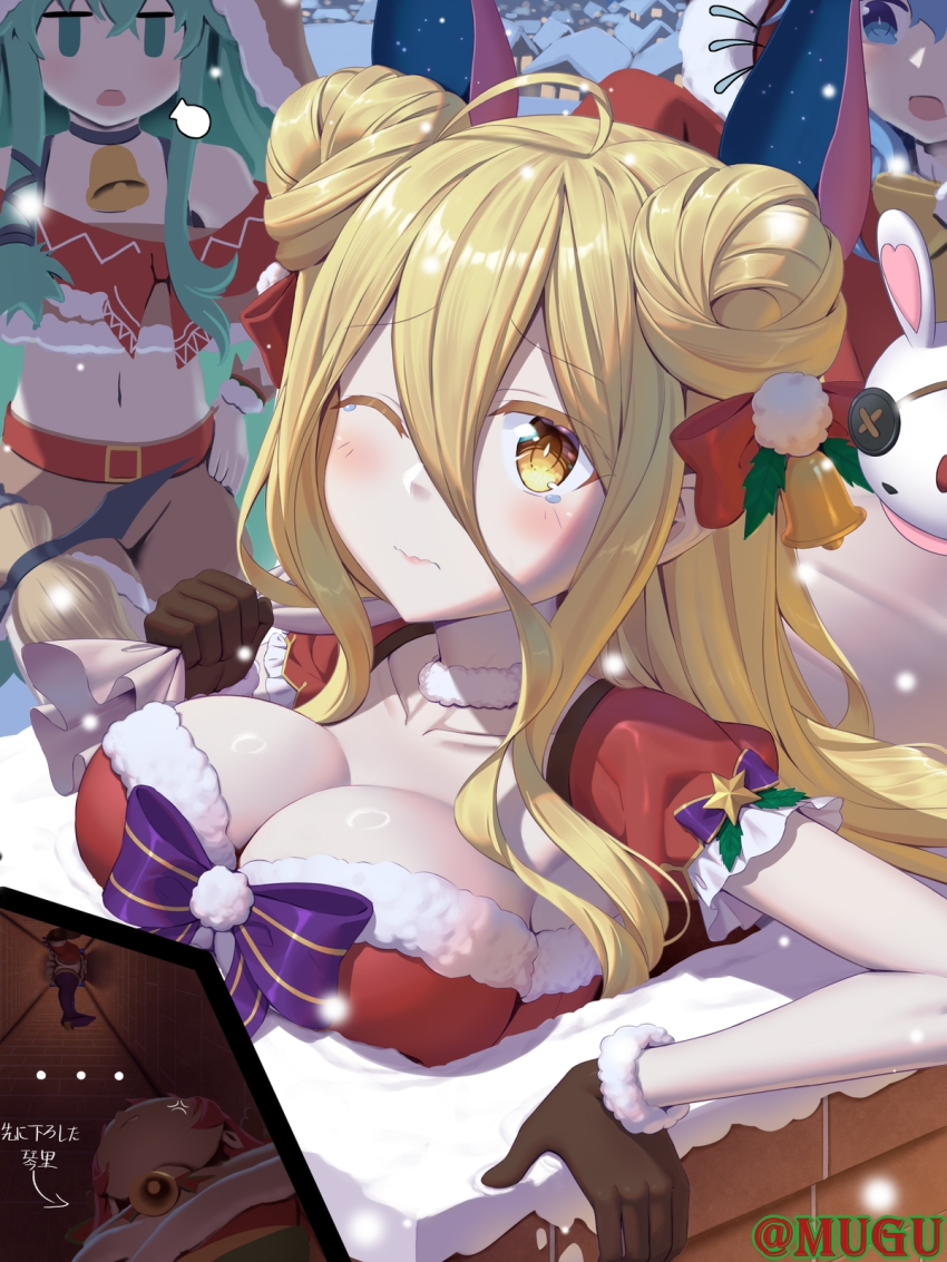 1other 4girls ahoge alternate_costume bell belt blonde_hair blue_eyes blue_hair breasts brown_gloves chimney chinese_commentary christmas cleavage commentary_request cowbell date_a_live double_bun eyepatch fur-trimmed_gloves fur_trim gloves green_hair hair_bun hair_ornament highres himekawa_yoshino hoshimiya_mukuro itsuka_kotori kyouno_natsumi large_breasts long_hair looking_at_viewer multiple_girls navel neck_bell open_mouth outdoors ribbon snow stuck tsubasaki yellow_eyes yoshinon