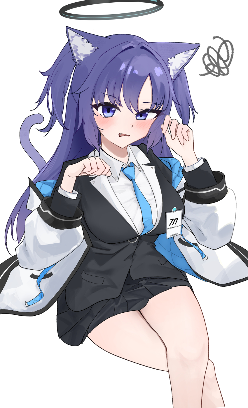 1girl absurdres animal_ear_fluff animal_ears black_halo black_skirt black_suit blue_archive blue_eyes blush breasts cat_ears cat_girl cat_tail collared_shirt commentary crossed_legs eyes_visible_through_hair fang feet_out_of_frame formal_clothes frown hair_between_eyes hair_intakes halo hands_up highres id_card jacket kemonomimi_mode large_breasts long_hair long_sleeves looking_at_viewer mechanical_halo millennium_science_school_logo miniskirt no_ra339 open_clothes open_jacket open_mouth paw_pose pleated_skirt purple_hair shirt sidelocks simple_background sitting skirt solo squiggle suit tail v-shaped_eyebrows white_background white_jacket white_shirt yuuka_(blue_archive)