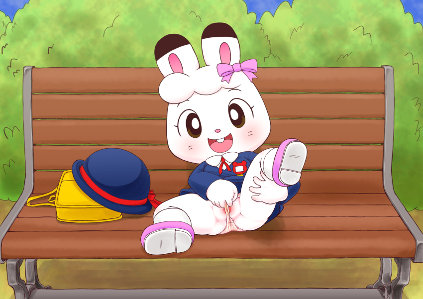 1girl animal animal_ears backpack bag bench blue_dress blue_hat blush bow brown_eyes buck_teeth bush clothes_lift dress dress_lift furry grass hair_bow hat hat_bow holding_own_leg kmkch loli long_sleeves looking_at_viewer midorihara_mimirin name_tag neck_ribbon on_bench open_mouth pink_bow pink_shoes pussy rabbit rabbit_ears rabbit_girl red_bow red_ribbon ribbon school_uniform self_wedgie shima_shima_tora_no_shimajirou shirt shoes short_hair sitting sky smile socks spread_legs spread_pussy teeth unworn_backpack unworn_bag unworn_hat unworn_headwear wedgie white_background white_fur white_hair white_shirt white_socks