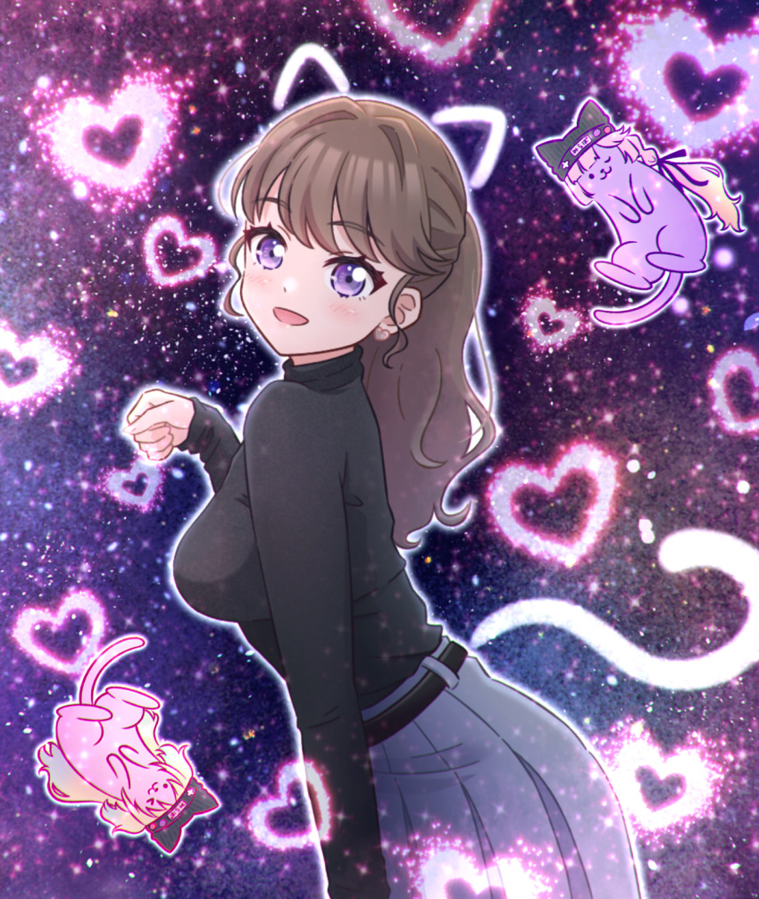 1girl :d akihitohappy animal_ears animalization anyoji_hime beanie black_hat black_sweater breasts brown_hair cat cat_ears cat_tail commentary_request drawn_ears drawn_tail from_side fujishima_megumi fujishima_megumi_(post-graduation) grey_skirt hair_intakes hat heart highres link!_like!_love_live! long_hair looking_at_viewer looking_to_the_side love_live! medium_breasts no_jacket nyao_signyal nyao_signyal_cat open_mouth osawa_rurino paw_pose pink_cat pleated_skirt ponytail purple_cat purple_eyes skirt smile solo sweater tail translation_request turtleneck turtleneck_sweater virtual_youtuber