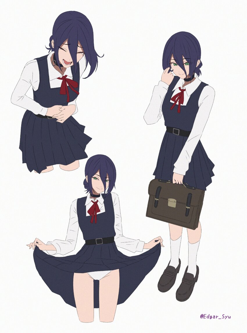 1girl absurdres black_choker black_dress black_hair briefcase chainsaw_man choker clothes_lift collared_shirt dress dress_lift edgar_syu green_eyes grenade_pin hair_between_eyes highres holding holding_briefcase lifting_own_clothes long_sleeves multiple_views neck_ribbon panties pinafore_dress red_ribbon reze_(chainsaw_man) ribbon school_briefcase shirt sleeveless sleeveless_dress underwear unfinished white_panties white_shirt