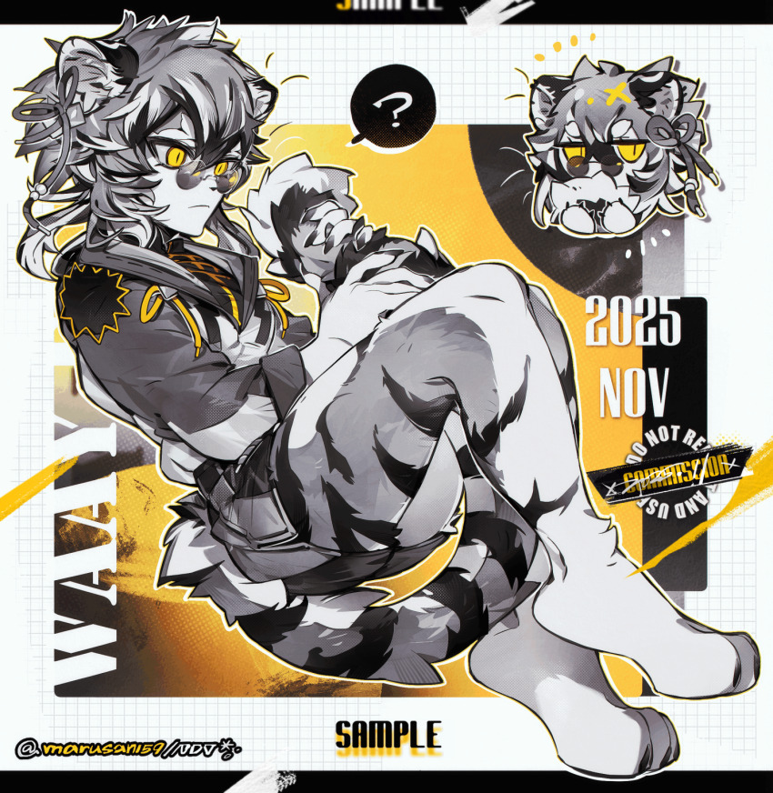 1girl ? arknights chibi chibi_inset commentary_request commission dated frown full_body furry furry_female glasses highres holding_own_tail jacket looking_to_the_side marusan159 no_shoes outline pince-nez sample_watermark short_hair slit_pupils solo spoken_question_mark spot_color tail waai_fu_(arknights) watermark yellow_eyes