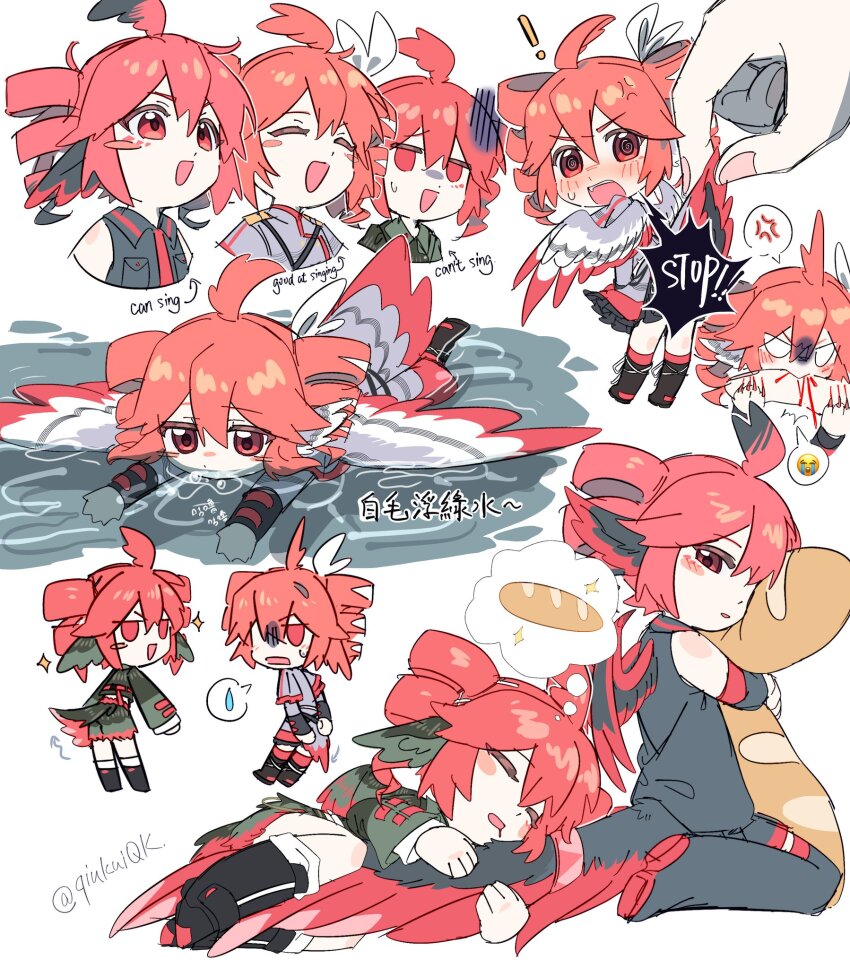 ! 1girl @_@ adapted_costume ahoge air_bubble alternate_costume anger_vein animal_ears ankle_socks arrow_(symbol) baguette belt bird_ears bird_girl bird_tail bird_wings biting black_boots black_feathers black_hair black_shirt blood blush boots bread bubble chibi clothes_lift collar commentary_request crying_emoji drill_hair drooling emoji empty_eyes english_text feather_hair feathered_wings feathers fetal_position food full_body gloom_(expression) grey_shirt hair_between_eyes hair_ribbon half-harpy highres holding hugging_object hugging_tail kasane_teto kneeling looking_at_another looking_at_viewer looking_back lying mini_person minigirl monster_girl mouth_submerged mouth_under_water multicolored_hair multiple_views nervous_sweating on_stomach partially_feathered_tail partially_shaded_face partially_submerged qiukui red_eyes red_feathers red_hair red_socks red_trim ribbon scratches shirt sidelocks signature skirt skirt_lift sleeping sleeveless smile socks sparkle speech_bubble spoken_anger_vein spoken_emoji spoken_expression spoken_sweatdrop spread_wings sweat sweatdrop synthesizer_v tail tail_raised thigh_boots thought_bubble twin_drills two-tone_hair utau water watermark white_background white_feathers white_hair white_ribbon white_socks wings