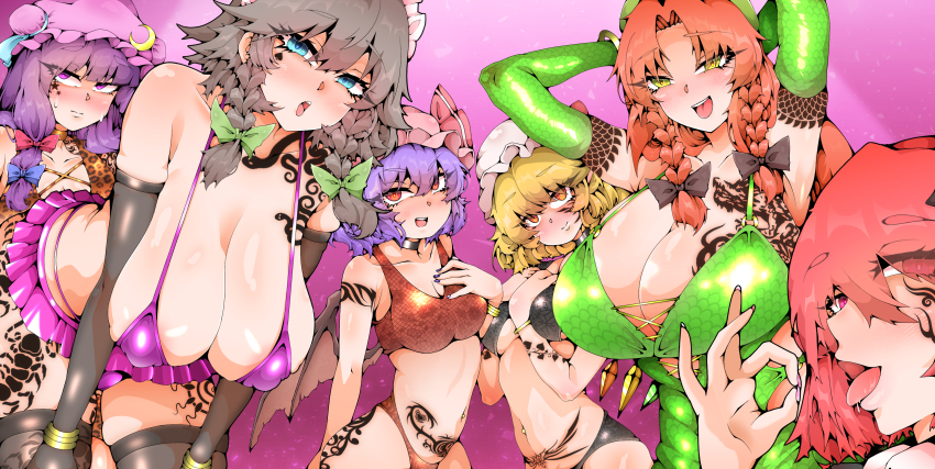 6+girls :d absurdres animal_print areola_slip arms_behind_head bat_wings bikini black_bikini black_gloves black_nails black_thighhighs blonde_hair blue_eyes bow bracelet braid breasts castagna closed_mouth commentary_request cross-laced_clothes elbow_gloves fellatio_gesture flandre_scarlet gloves gradient_background grey_hair gyaru hair_bow hand_on_own_chest hat hat_ribbon highres hong_meiling huge_breasts izayoi_sakuya jewelry koakuma large_breasts leopard_print medium_breasts microskirt mob_cap multiple_girls navel open_mouth orange_eyes orange_hair patchouli_knowledge pink_background pink_bikini pink_eyes pink_hat pink_nails purple_hair red_bikini red_eyes red_hair remilia_scarlet ribbon side_braids skirt smile swimsuit tattoo thighhighs touhou twin_braids wings yellow_eyes