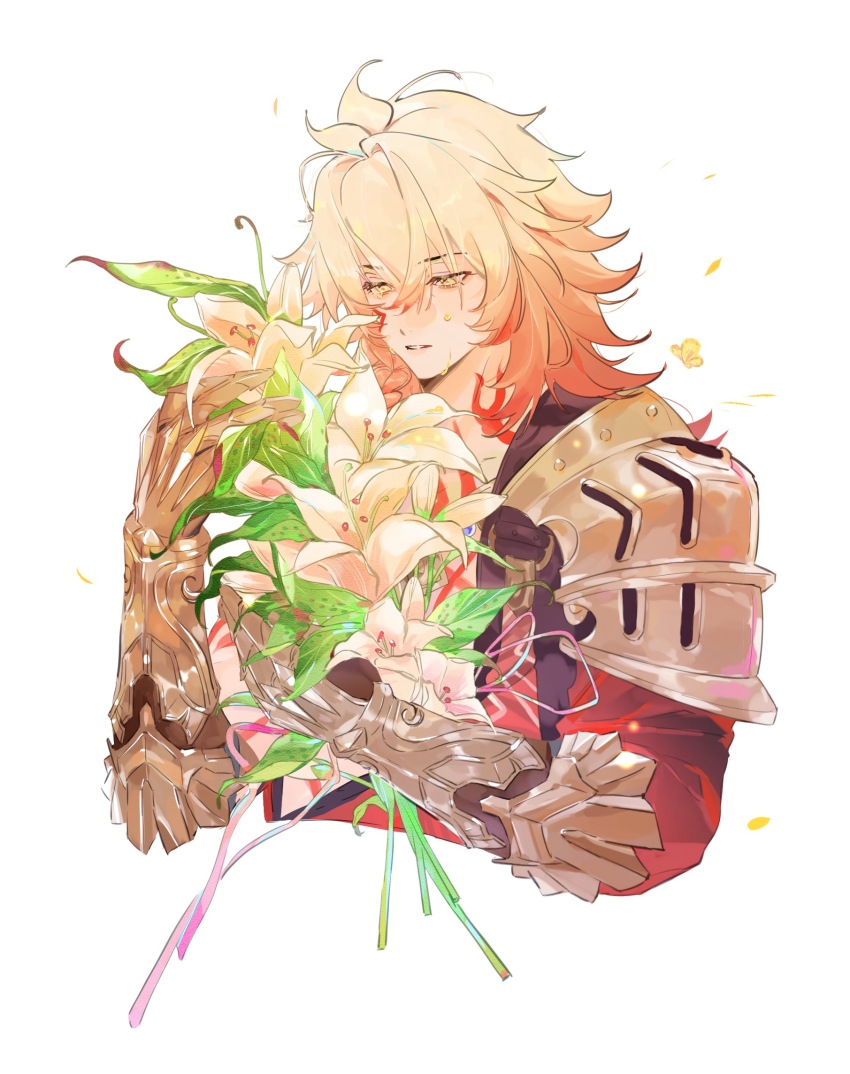 1boy arm_tattoo black_coat blonde_hair braid chest_tattoo chinese_commentary clawed_gauntlets coat commentary_request earrings facial_tattoo flower gold_earrings gold_necklace gradient_hair highres holding holding_flower honkai:_star_rail honkai_(series) jewelry male_focus medium_hair multicolored_hair mydei_(honkai:_star_rail) necklace open_clothes open_coat red_hair red_tattoo side_braid solo tattoo tears white_lily xinjinjumin7244942 yellow_eyes